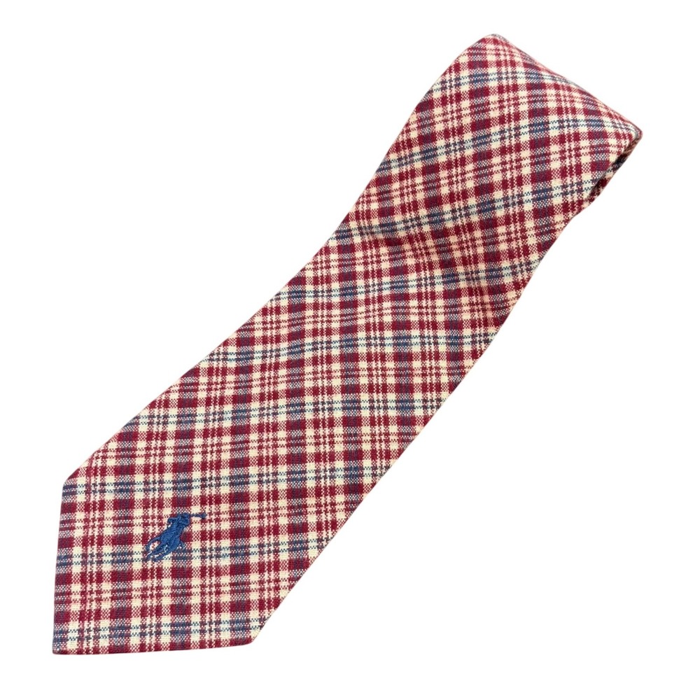 Polo Ralph Lauren‎ Mens Red Plaid Cotton Tie Blue Pony Logo Hand Made USA